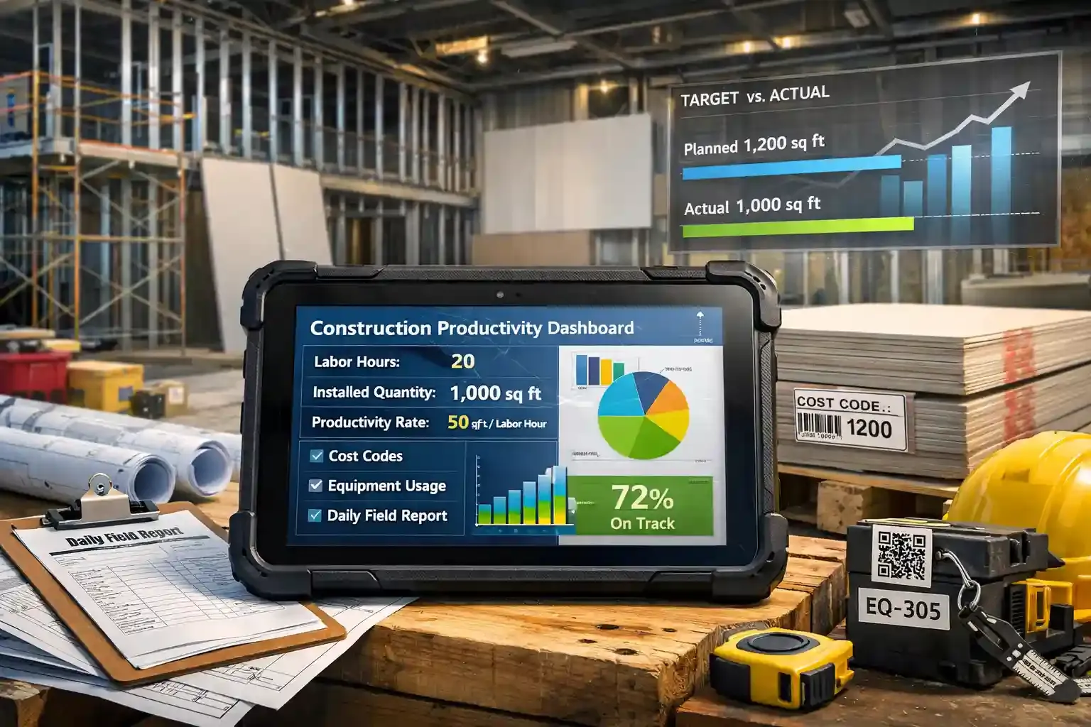 Construction productivity dashboard tracking labor hours and project progress on site